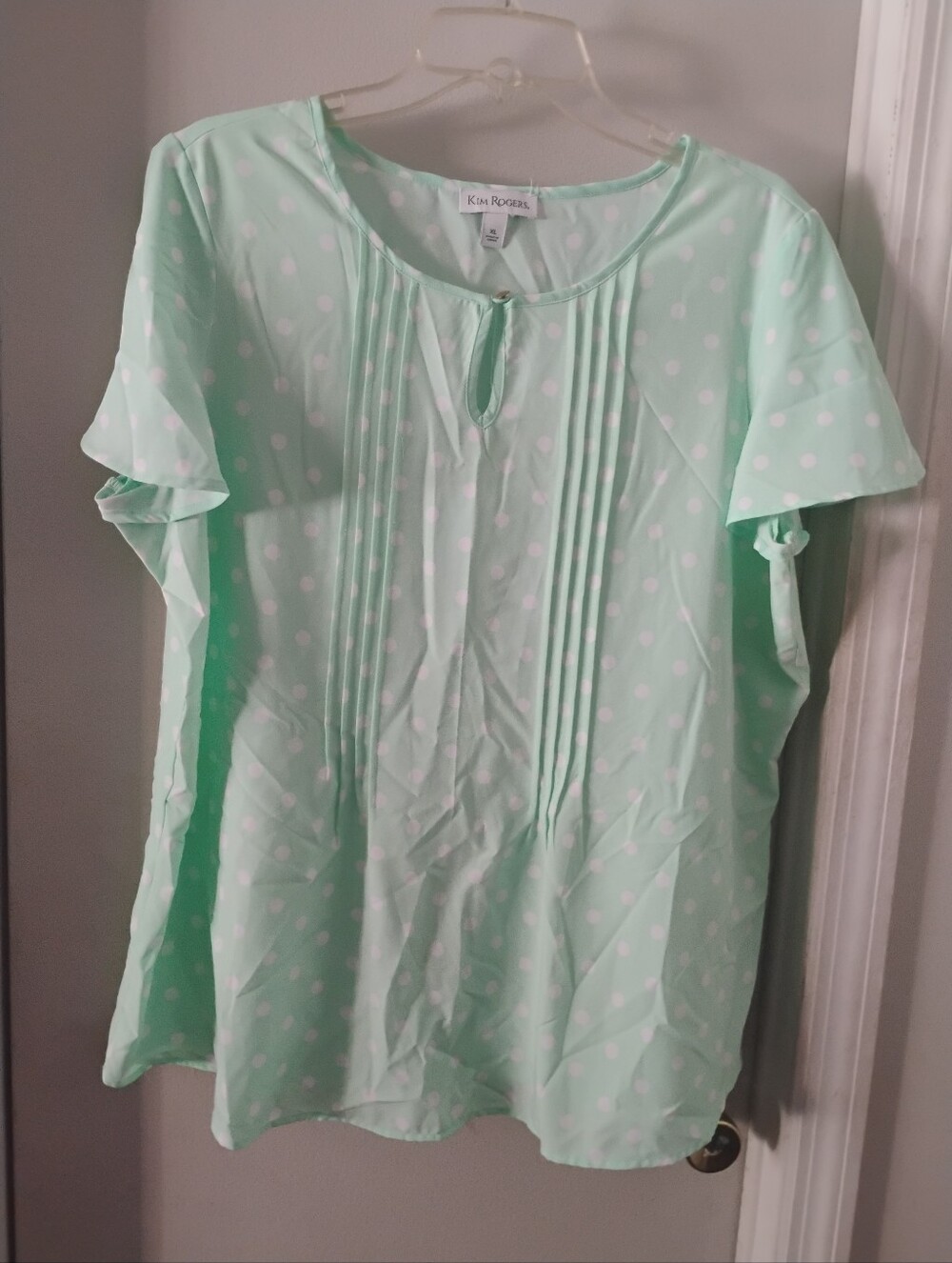 Kim Rogers Mint Green White Polka Dot Pleated Keyhole Short Sleeve Blouse XL